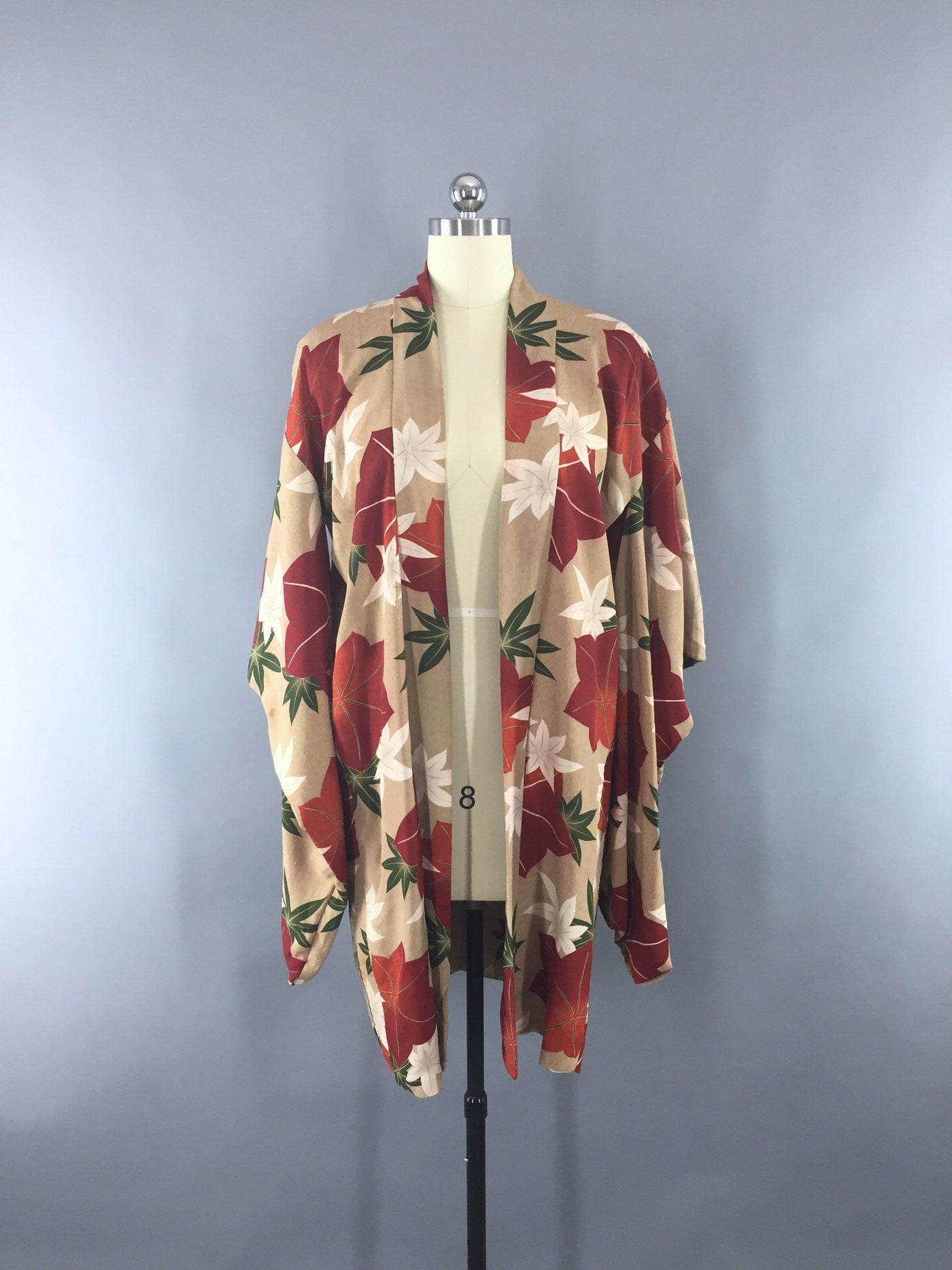 1930s Vintage Silk Haori Kimono Jacket Cardigan with Autumn Floral Leaves Print - ThisBlueBird