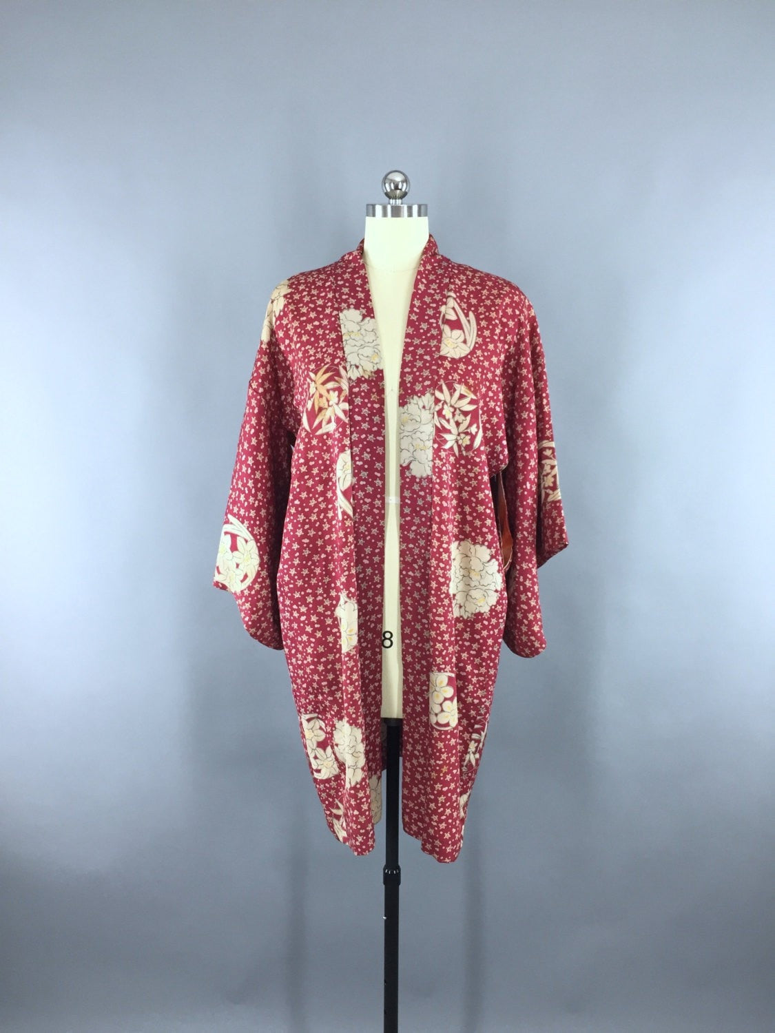 1930s Vintage Silk Haori Kimono Jacket Cardigan with Dark Pink Floral Print - ThisBlueBird
