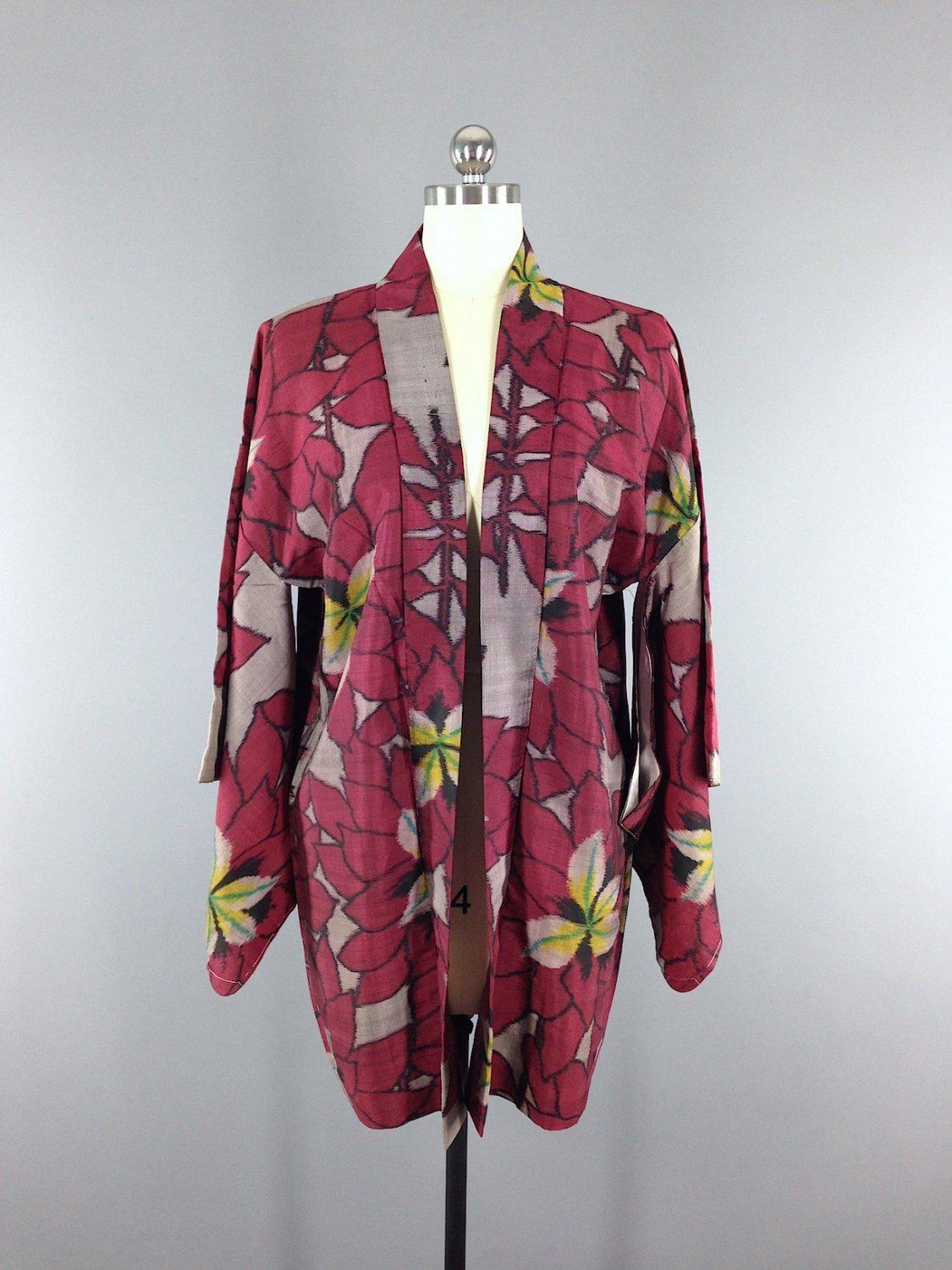 1930s Vintage Silk Haori Kimono Jacket / IKAT Red Grey Floral - ThisBlueBird