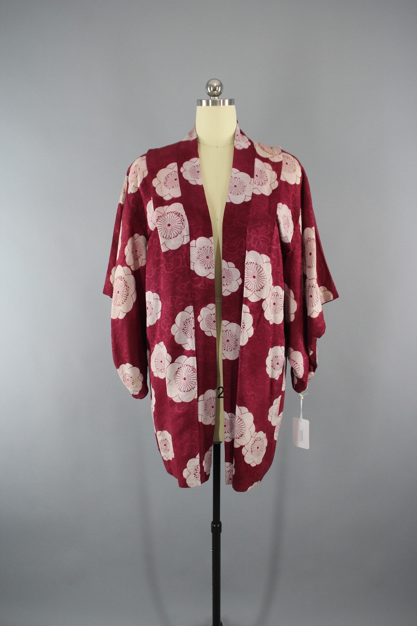 1930s Vintage Silk Haori Kimono Jacket with Cranberry Red Floral Print - ThisBlueBird