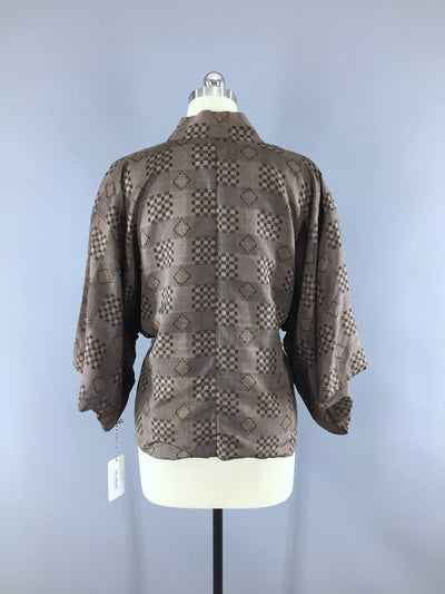 1930s Vintage Silk Haori Kimono Jacket Wrap Coat in Brown Ikat Meisen Silk - ThisBlueBird