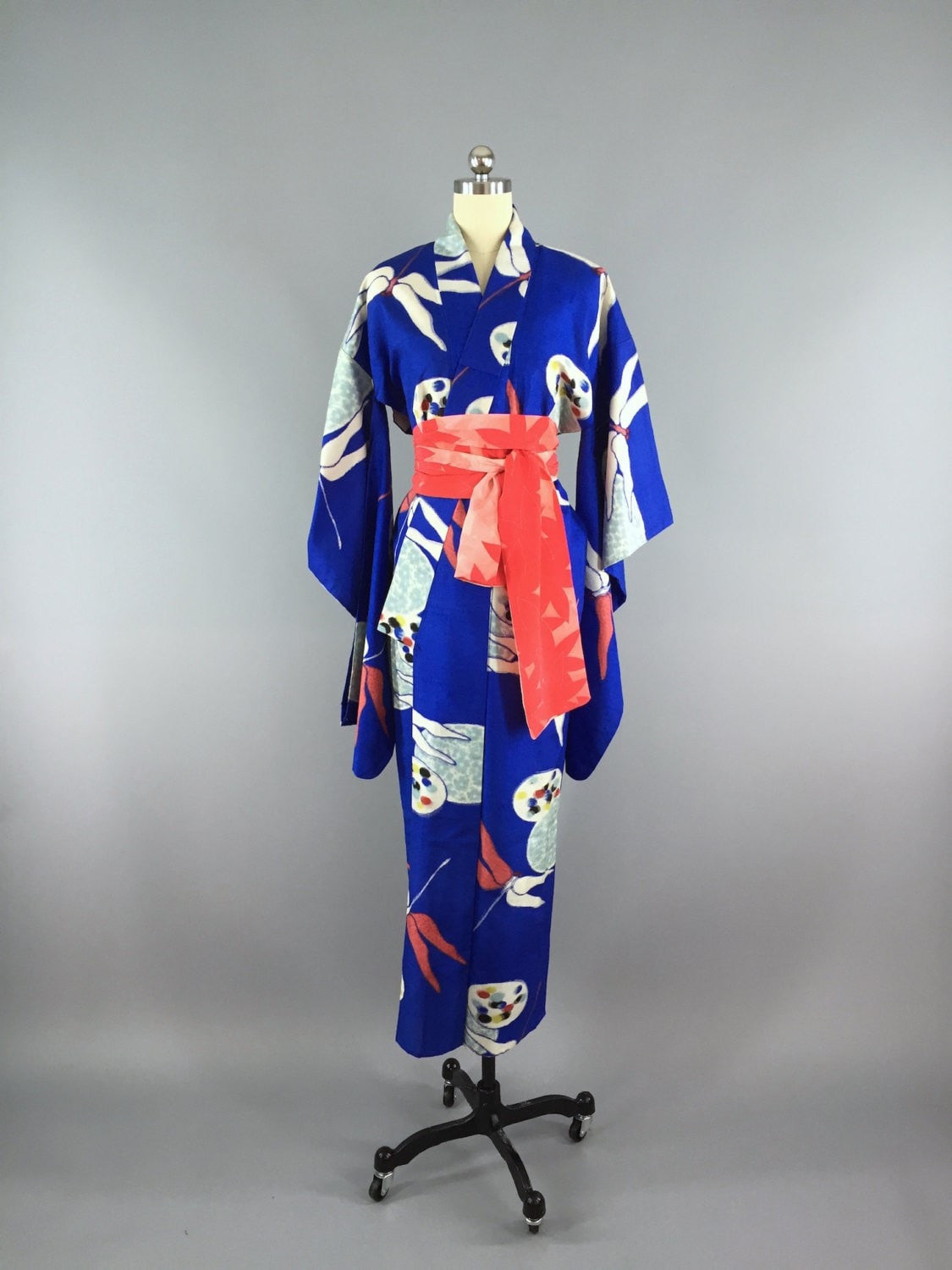 1930s Vintage Silk Kimono Robe / Art Deco Dragonfly Ikat - ThisBlueBird
