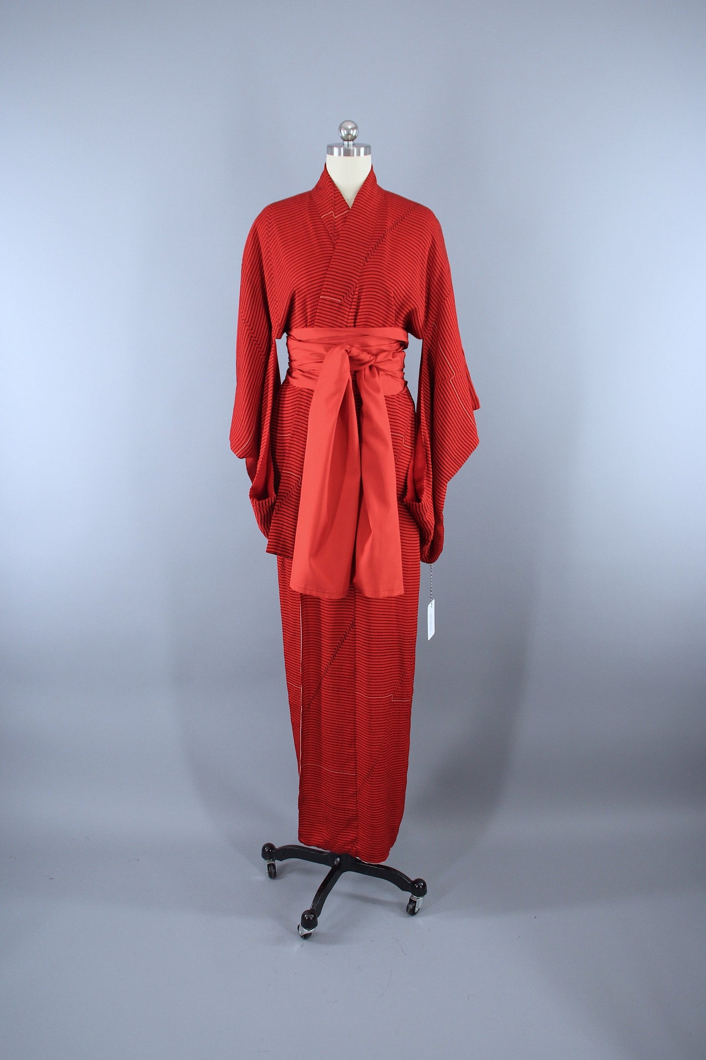 1930s Vintage Silk Kimono Robe / ART DECO Red Orange Stripes - ThisBlueBird