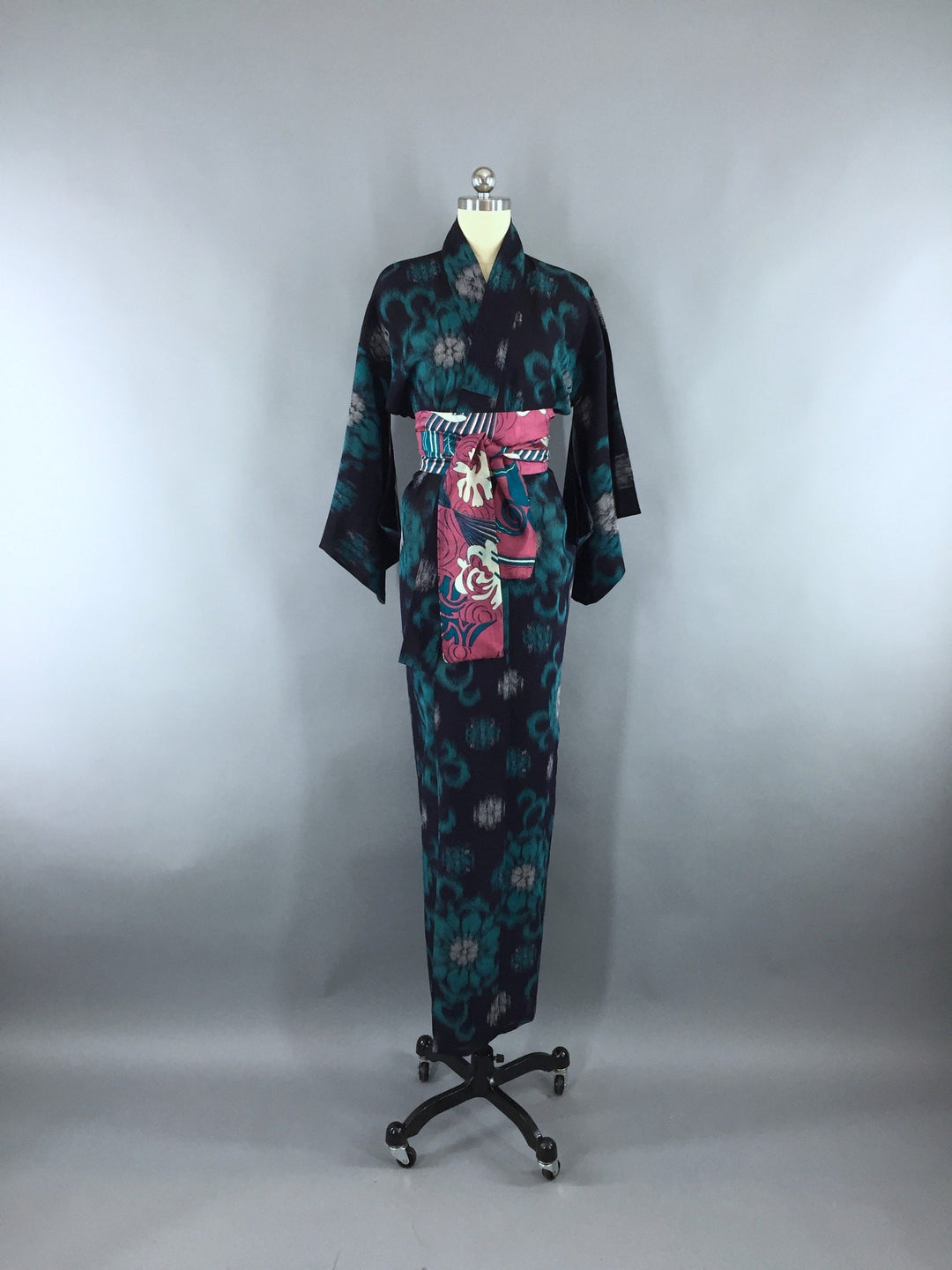 1930s Vintage Silk Kimono Robe / Black &amp; Turquoise Blue Ikat - ThisBlueBird