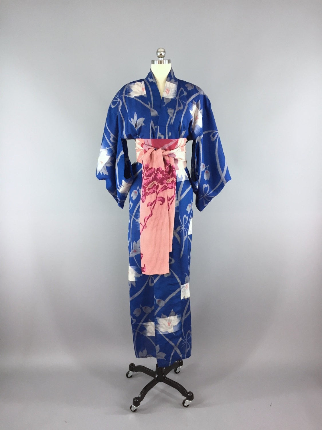 1930s Vintage Silk Kimono Robe / Blue Ikat Floral - ThisBlueBird