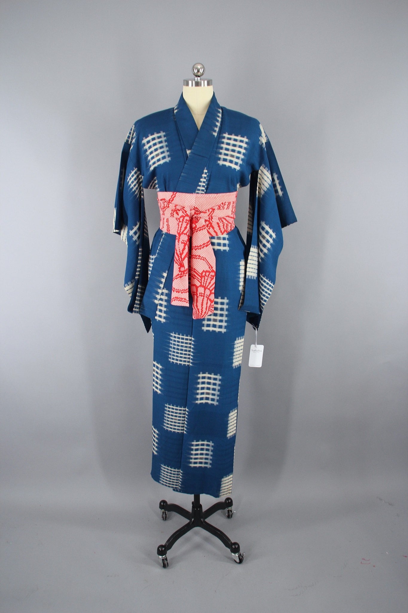 1930s Vintage Silk Kimono Robe / Blue White Basketweave Hashtag - ThisBlueBird
