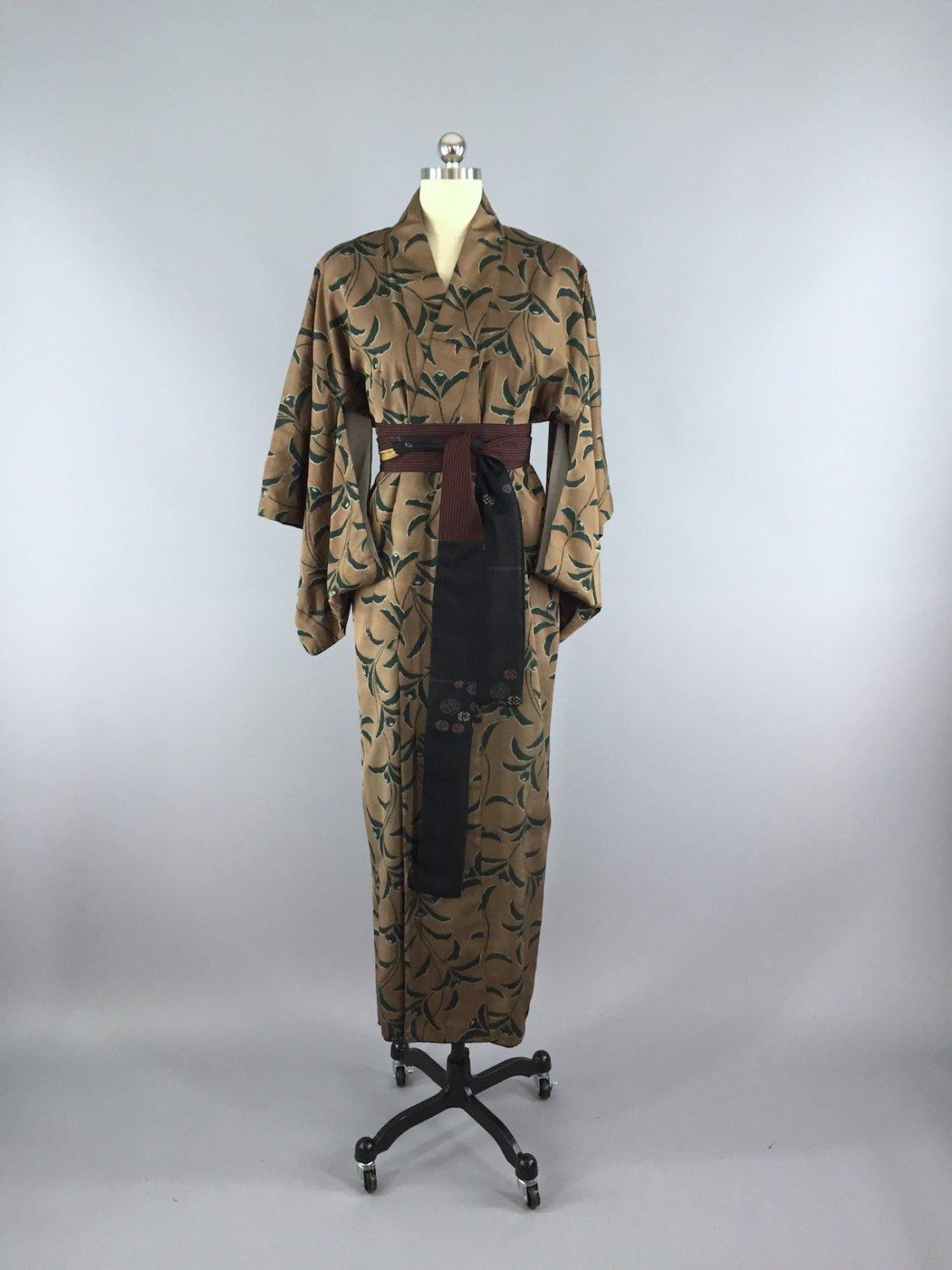 1930s Vintage Silk Kimono Robe / Brown Ikat Vines - ThisBlueBird