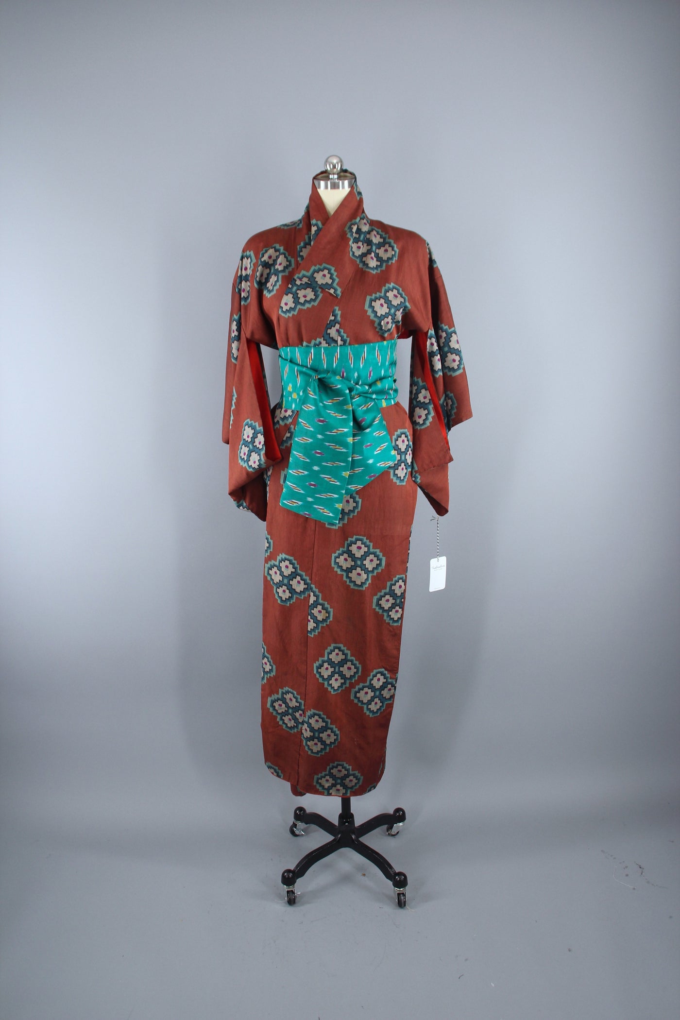1930s Vintage Silk Kimono Robe / Brown Teal Ikat - ThisBlueBird