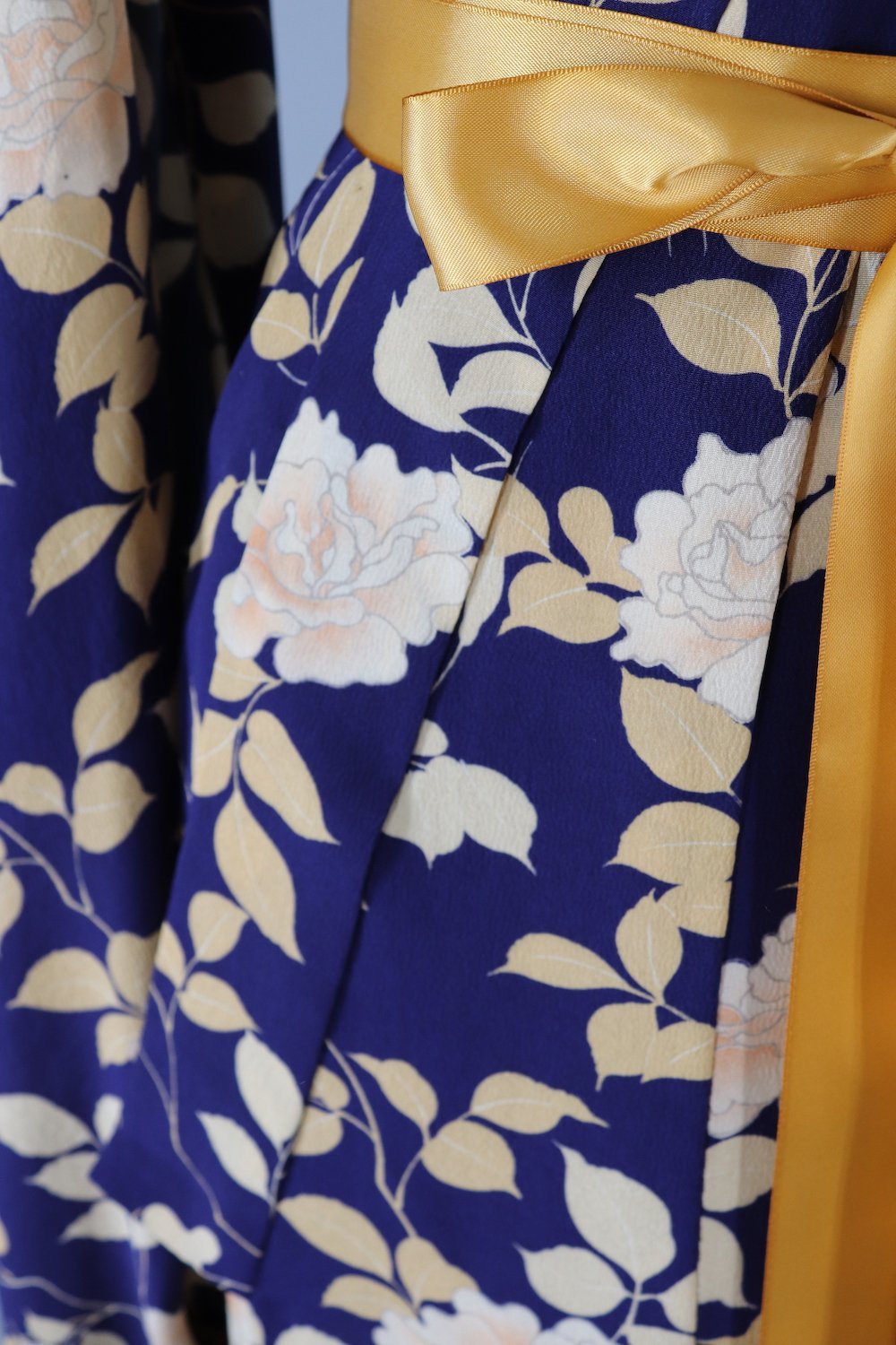 1930s Vintage Silk Kimono Robe / Dark Blue Peony Floral Print - ThisBlueBird
