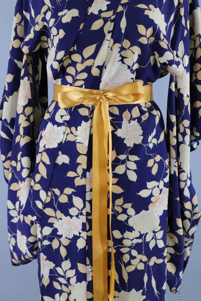 1930s Vintage Silk Kimono Robe / Dark Blue Peony Floral Print - ThisBlueBird