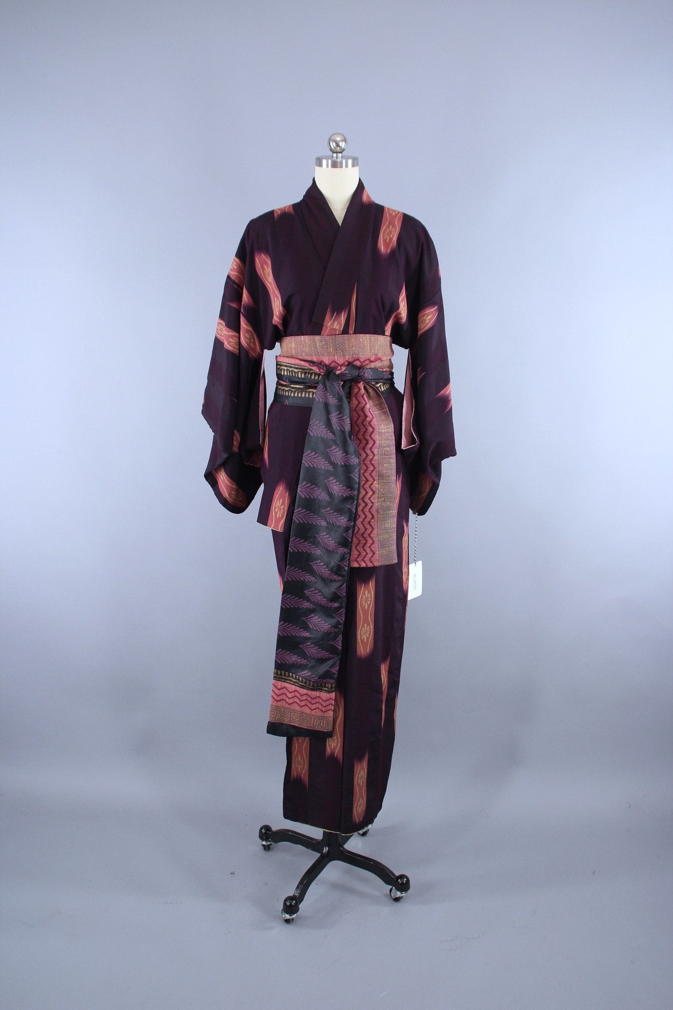 1930s Vintage Silk Kimono Robe / Dark Purple & Pink IKAT Meisen - ThisBlueBird