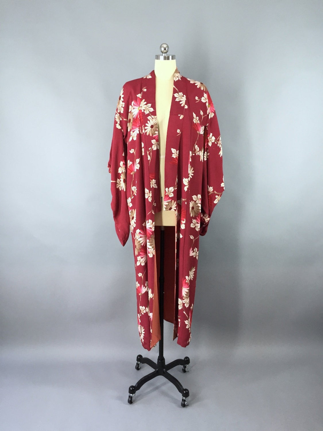 1930s Vintage Silk Kimono Robe / Dark Red Floral Print - ThisBlueBird