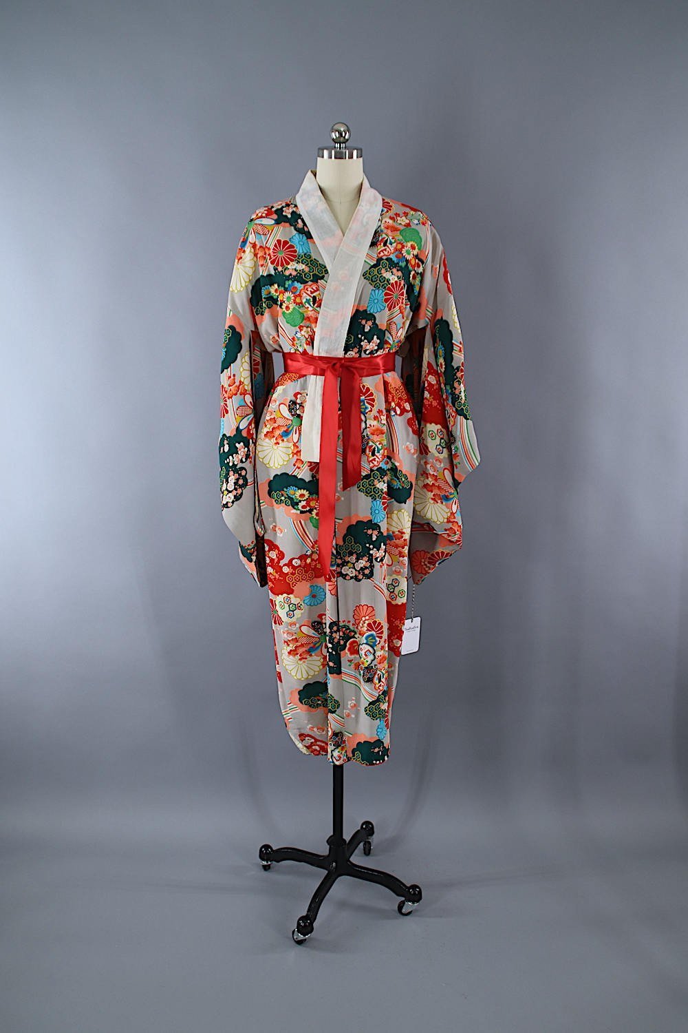 1930s Vintage Silk Kimono Robe / Grey, Red, Aqua Novelty Print - ThisBlueBird