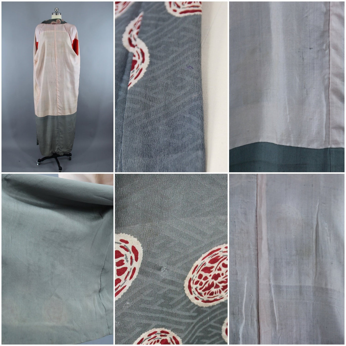 1930s Vintage Silk Kimono Robe / Grey & Red Medallions - ThisBlueBird