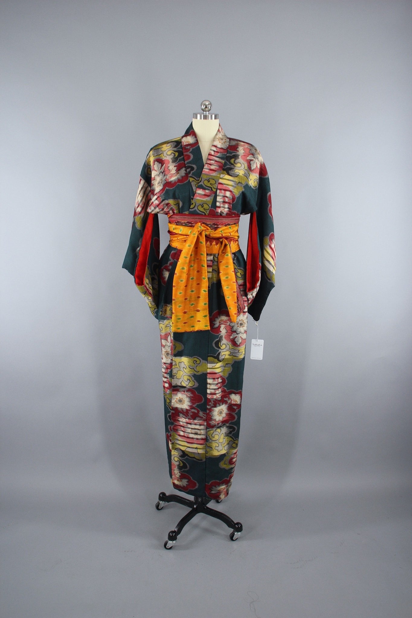 1930s Vintage Silk Kimono Robe in Dark Green Floral Meisen IKAT - ThisBlueBird