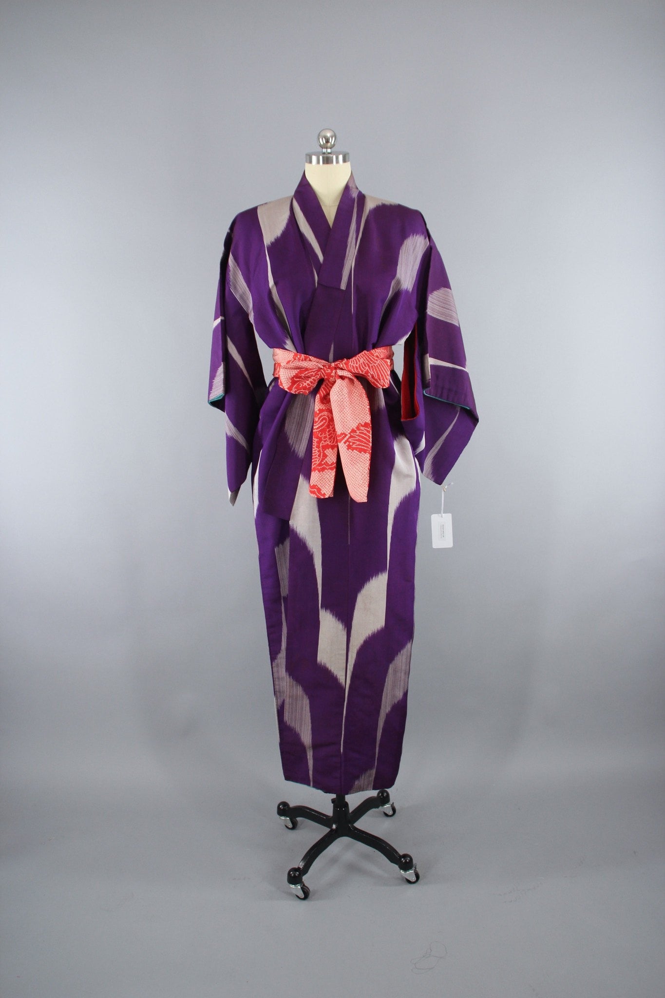 1930s Vintage Silk Kimono Robe in Purple & Grey Ikat Meisen - ThisBlueBird