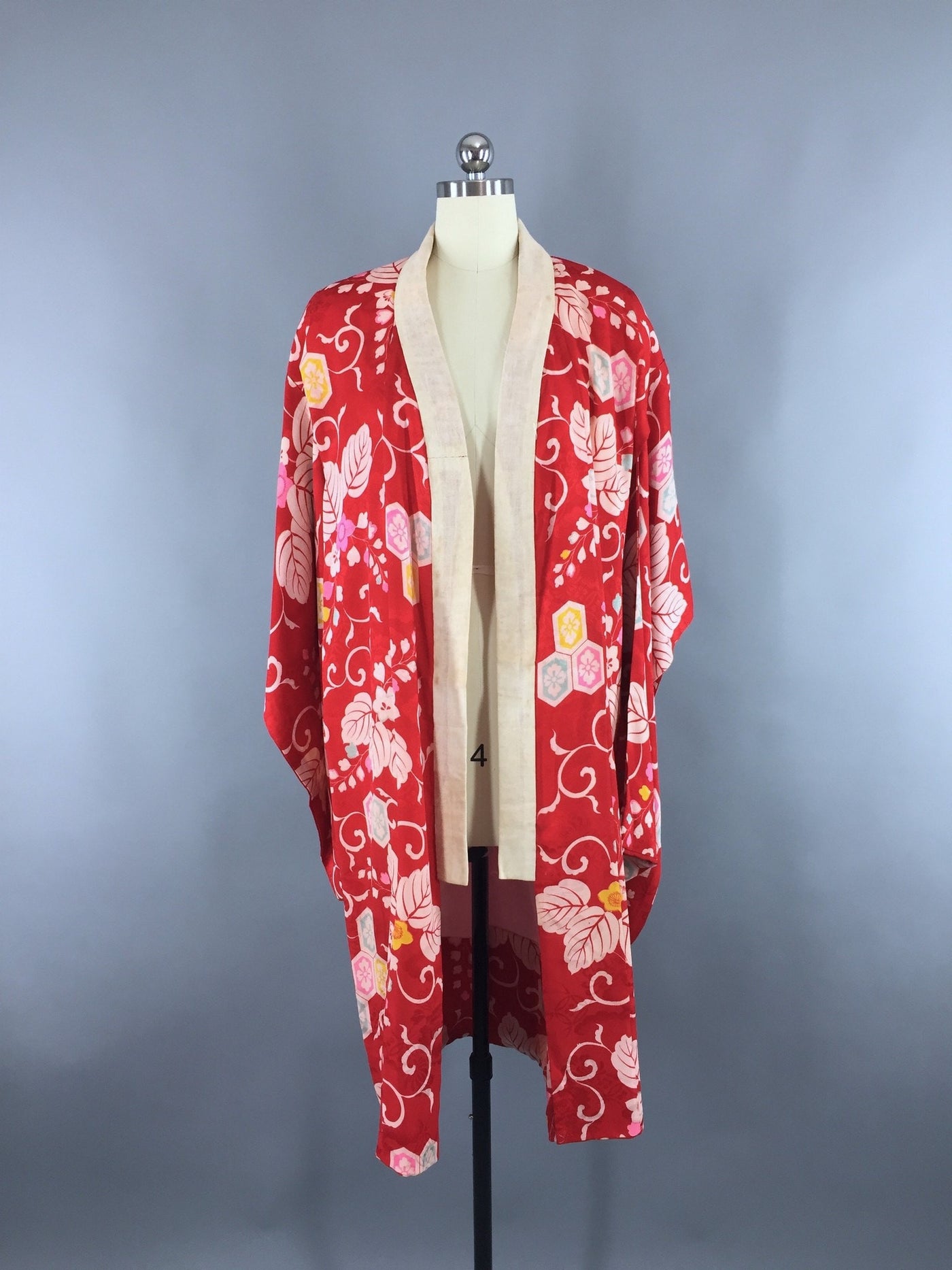 1930s Vintage Silk Kimono Robe Juban with Pink and Aqua Floral Print - ThisBlueBird