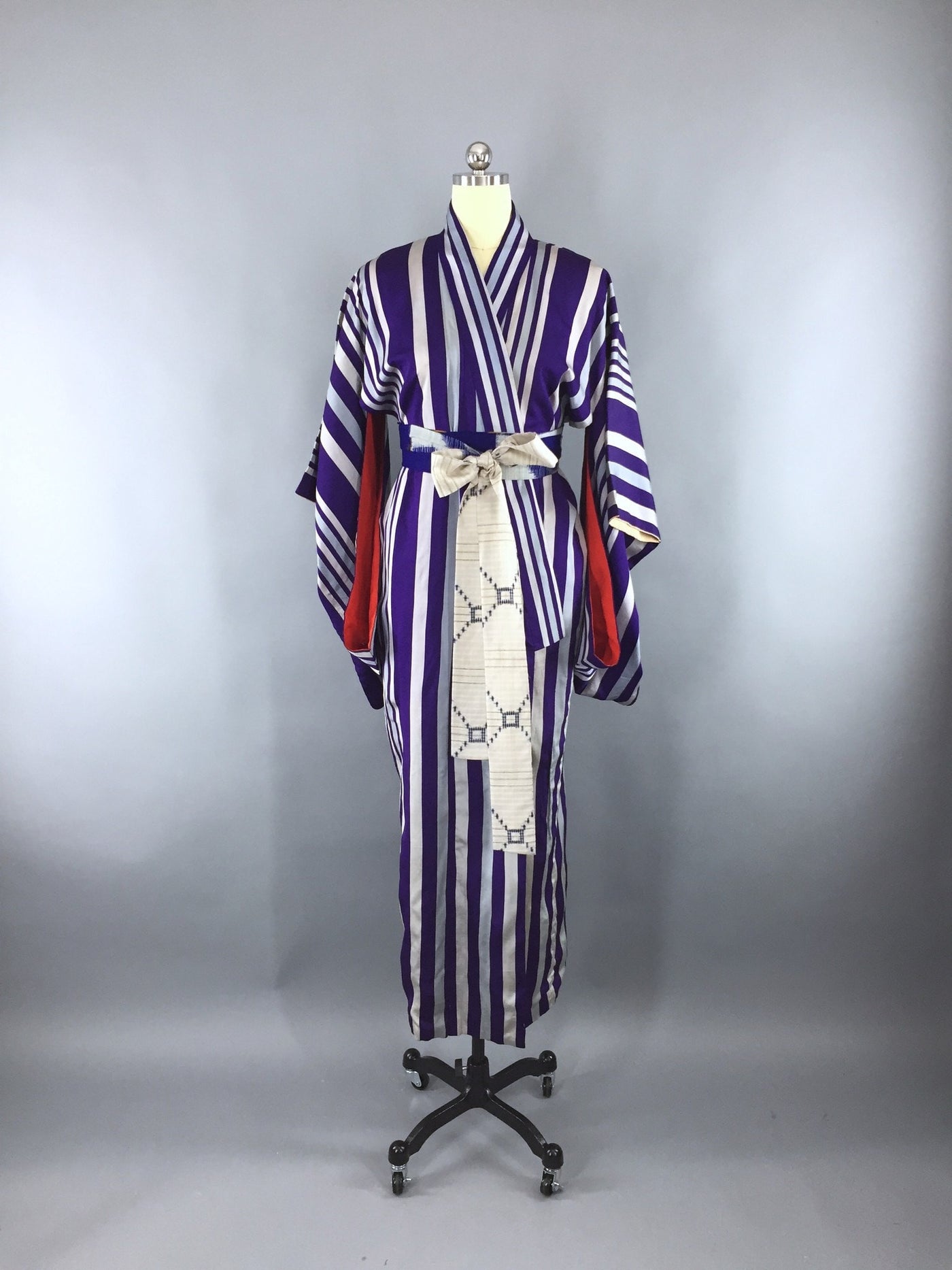1930s Vintage Silk Kimono Robe / Meisen Ikat Purple Stripes - ThisBlueBird