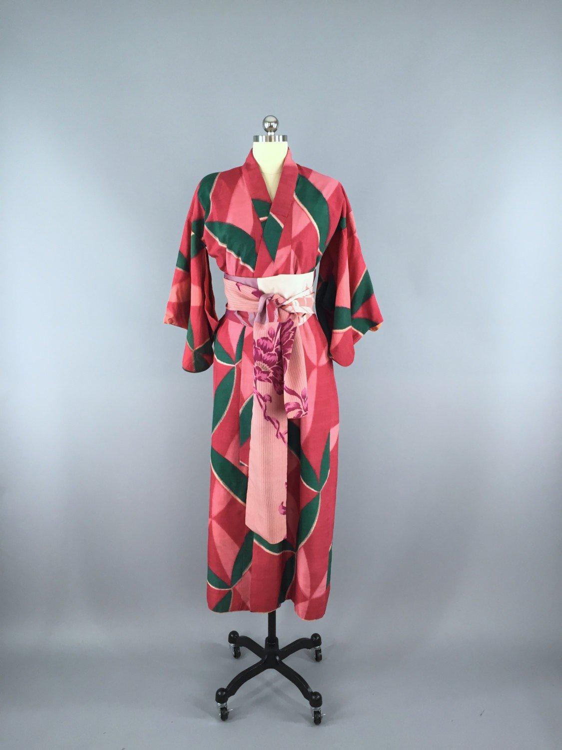 1930s Vintage Silk Kimono Robe / Meisen Pink Ikat - ThisBlueBird