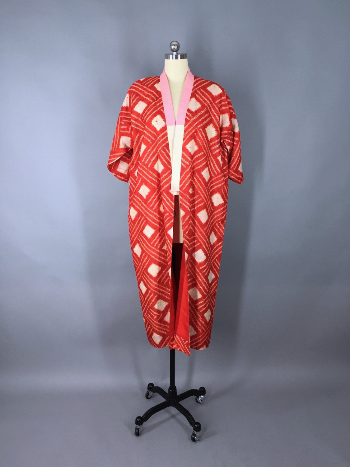 1930s Vintage Silk Kimono Robe / Orange Diamond Shibori - ThisBlueBird