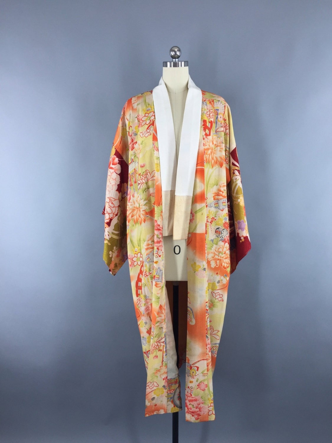 1930s Vintage Silk Kimono Robe / Orange Floral Print - ThisBlueBird