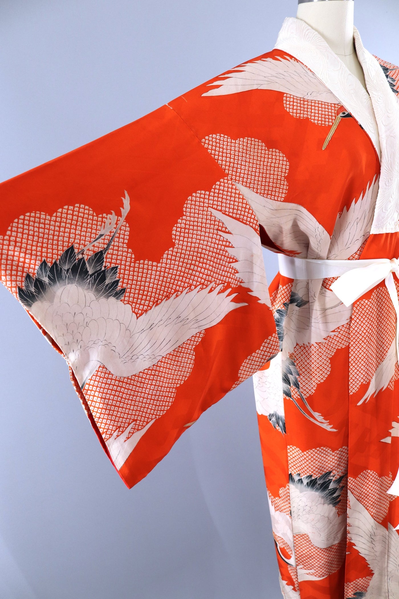 1930s Vintage Silk Kimono Robe / ORANGE Red Flying Cranes - ThisBlueBird