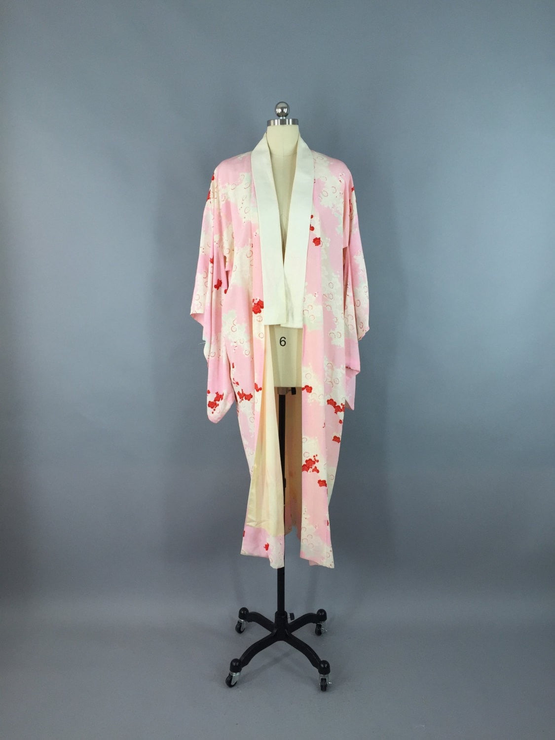 1930s Vintage Silk Kimono Robe / Pink & Red Floral Print - ThisBlueBird