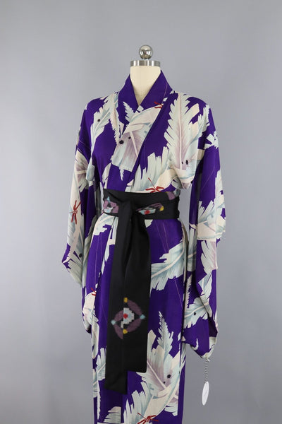1930s Vintage Silk Kimono Robe / Purple Banana Palm Leaves - ThisBlueBird