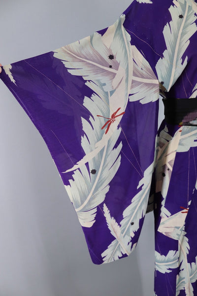 1930s Vintage Silk Kimono Robe / Purple Banana Palm Leaves - ThisBlueBird