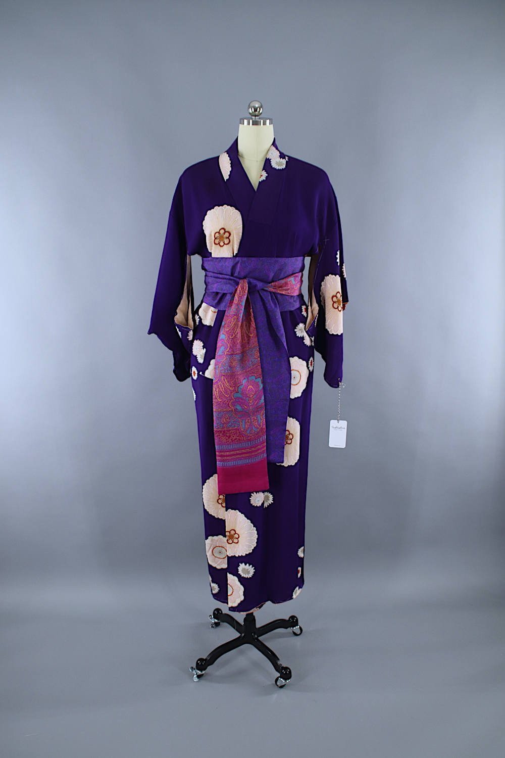1930s Vintage Silk Kimono Robe / Purple &amp; Pink Floral Print - ThisBlueBird
