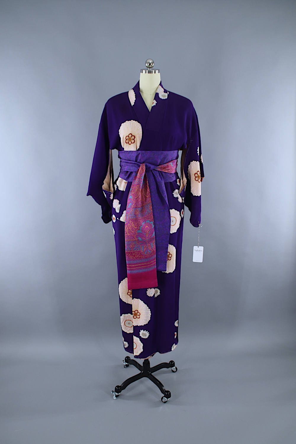 1930s Vintage Silk Kimono Robe / Purple & Pink Floral Print - ThisBlueBird
