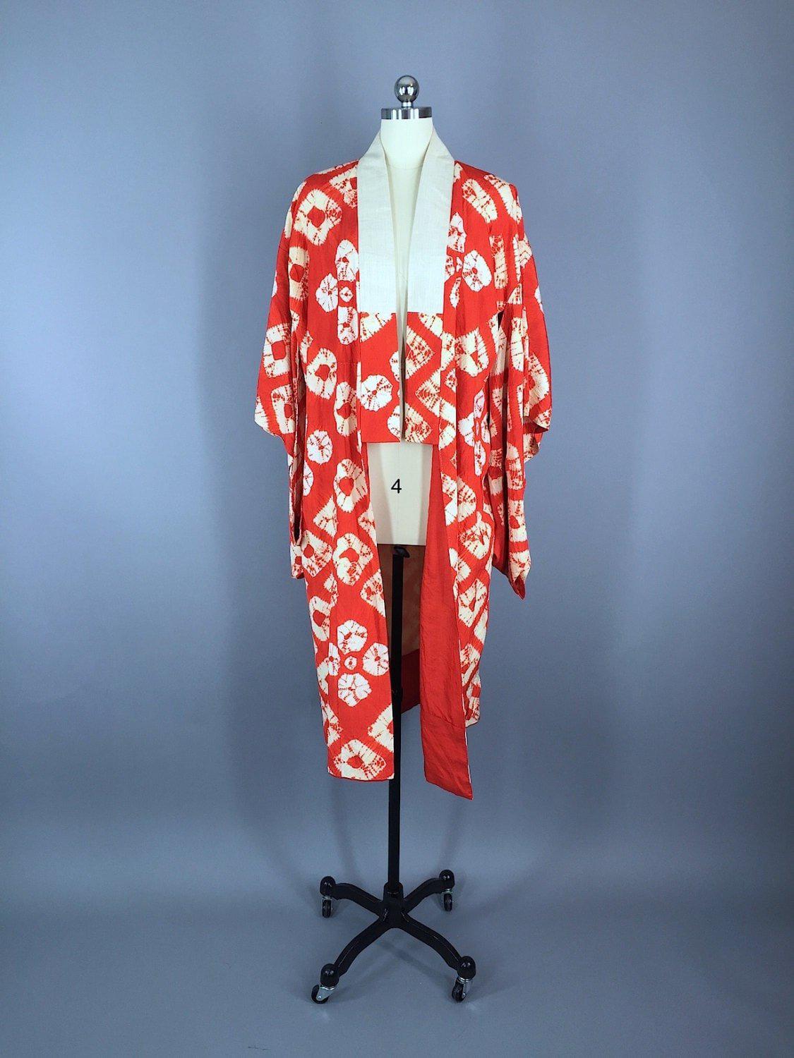 1930s Vintage Silk Kimono Robe / Red Diamond Tie Dye - ThisBlueBird