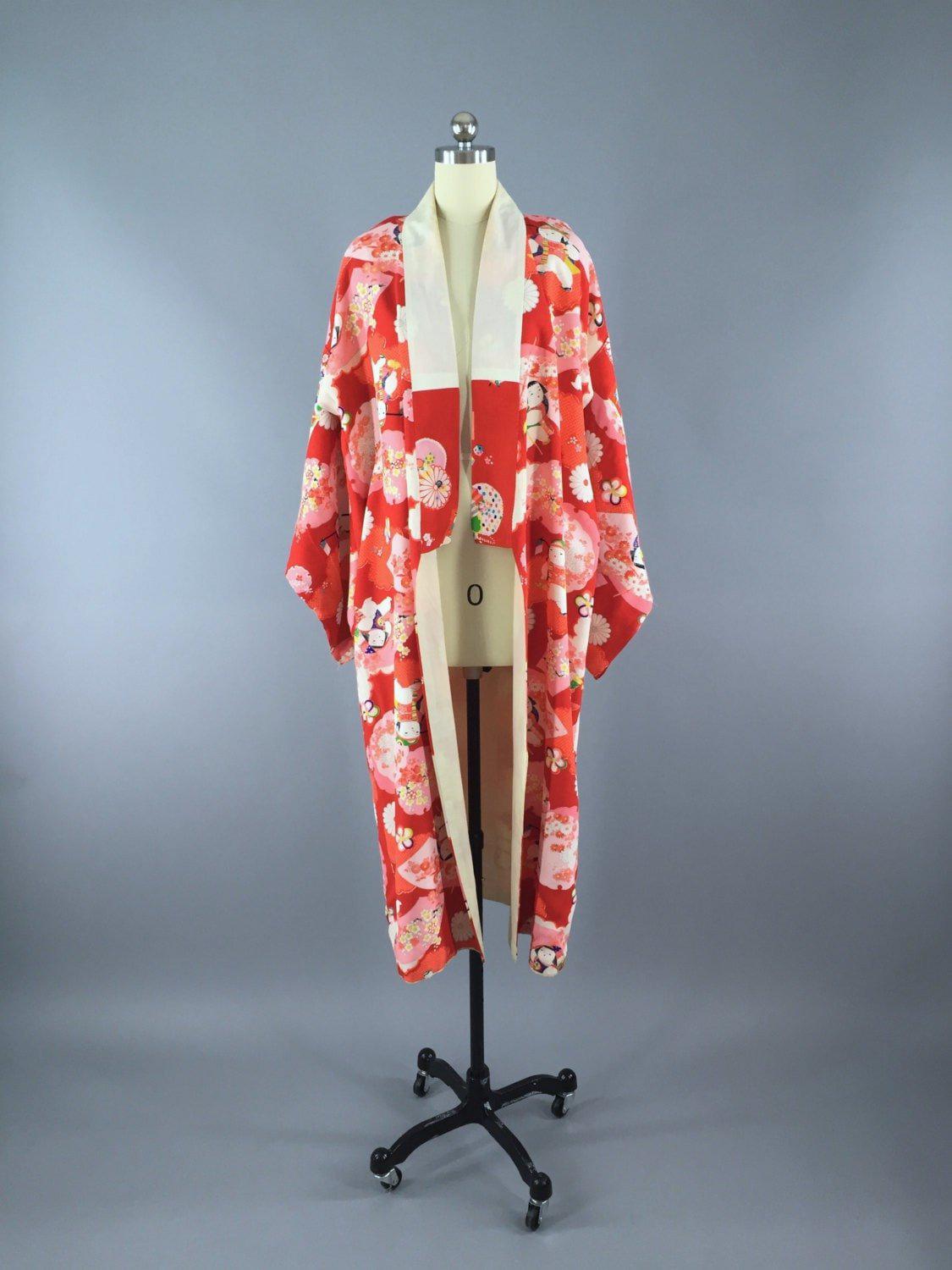 1930s Vintage Silk Kimono Robe / Red Fans - ThisBlueBird