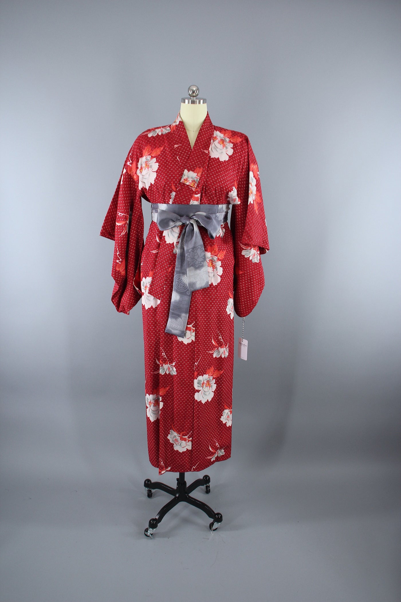1930s Vintage Silk Kimono Robe / Red Floral Print - ThisBlueBird