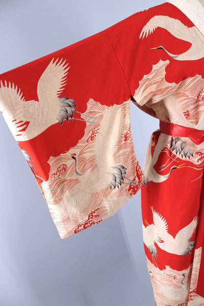 1930s Vintage Silk Kimono Robe / RED Flying Cranes - ThisBlueBird