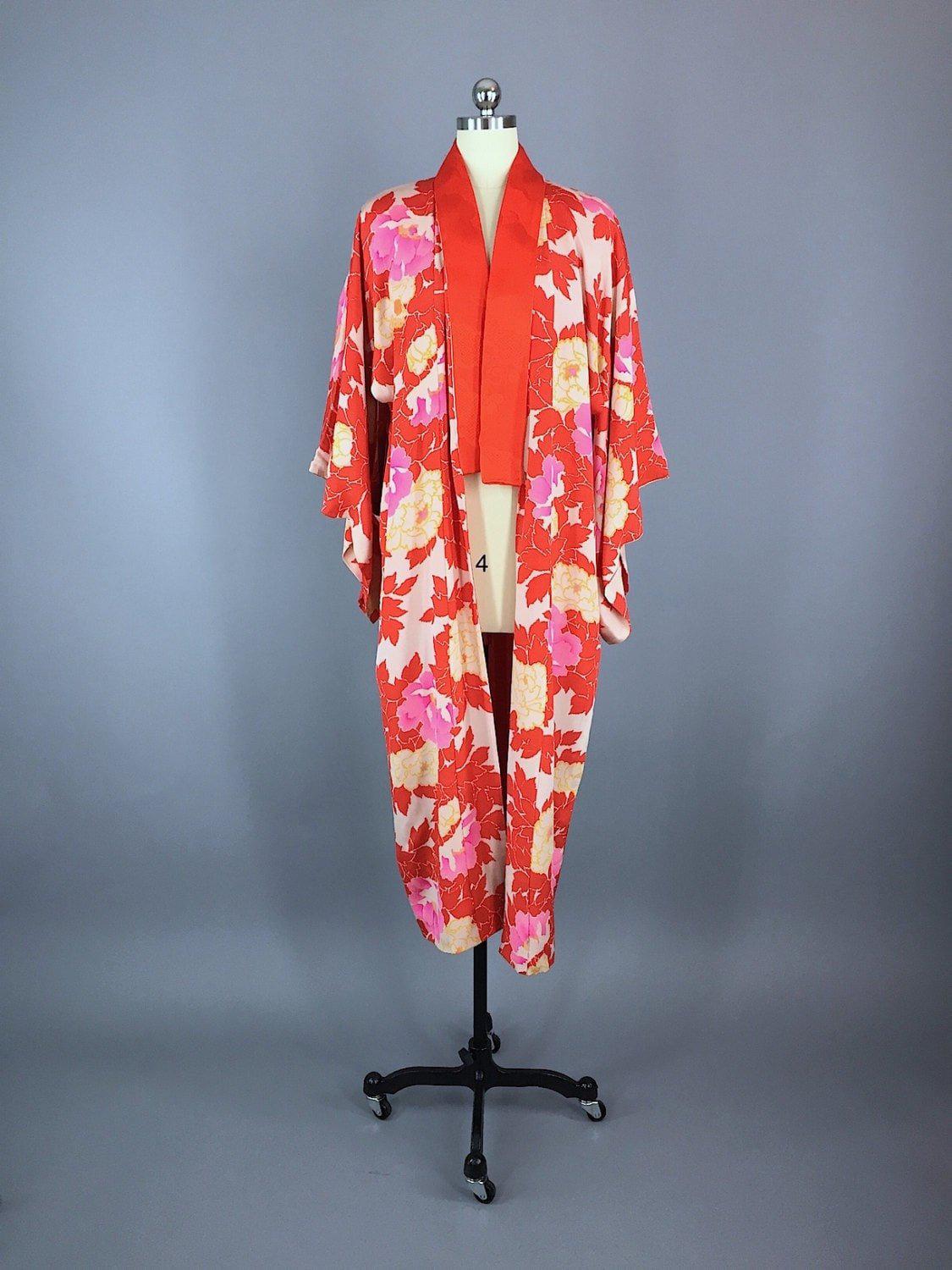 1930s Vintage Silk Kimono Robe / Red Peony Floral - ThisBlueBird