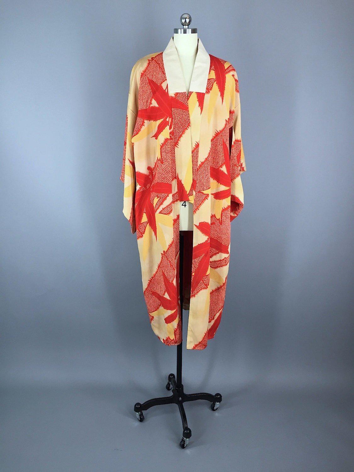 1930s Vintage Silk Kimono Robe / Red Shibori Leaves - ThisBlueBird