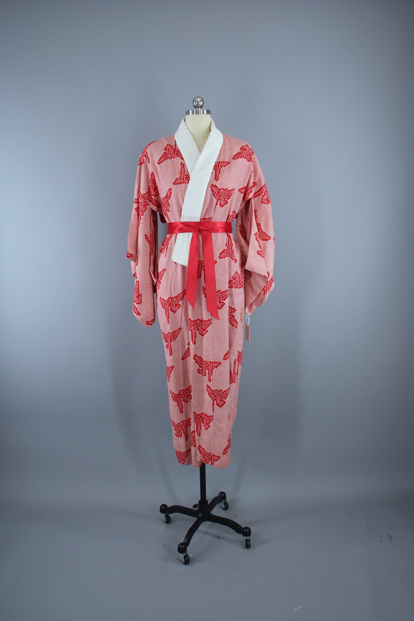 1930s Vintage Silk Kimono Robe / Red Shibori Origami Cranes Birds - ThisBlueBird
