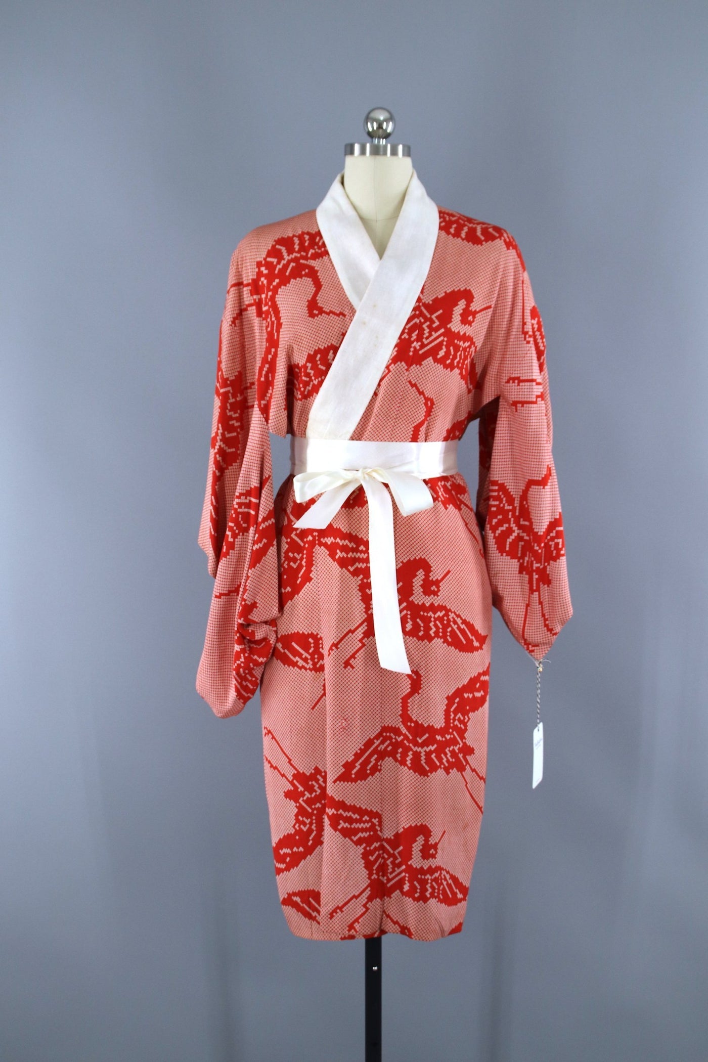 1930s Vintage Silk Kimono Robe / Red & White Shibori Print Flying Cranes - ThisBlueBird