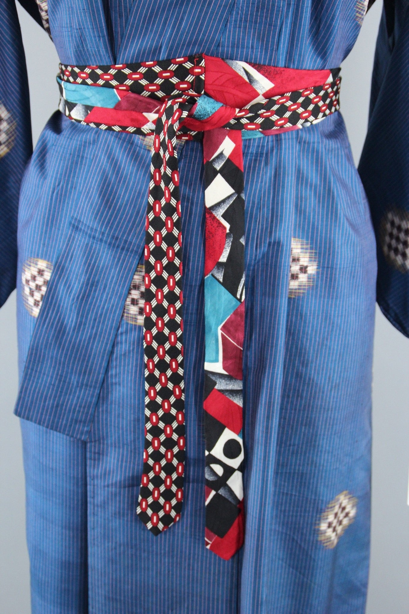 1930s Vintage Silk Kimono Robe with Blue Checkerboard Ikat Pattern - ThisBlueBird