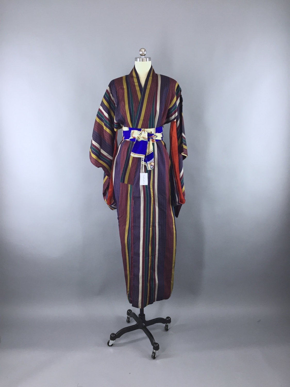1930s Vintage Silk Kimono Robe with Ikat Stripes - ThisBlueBird