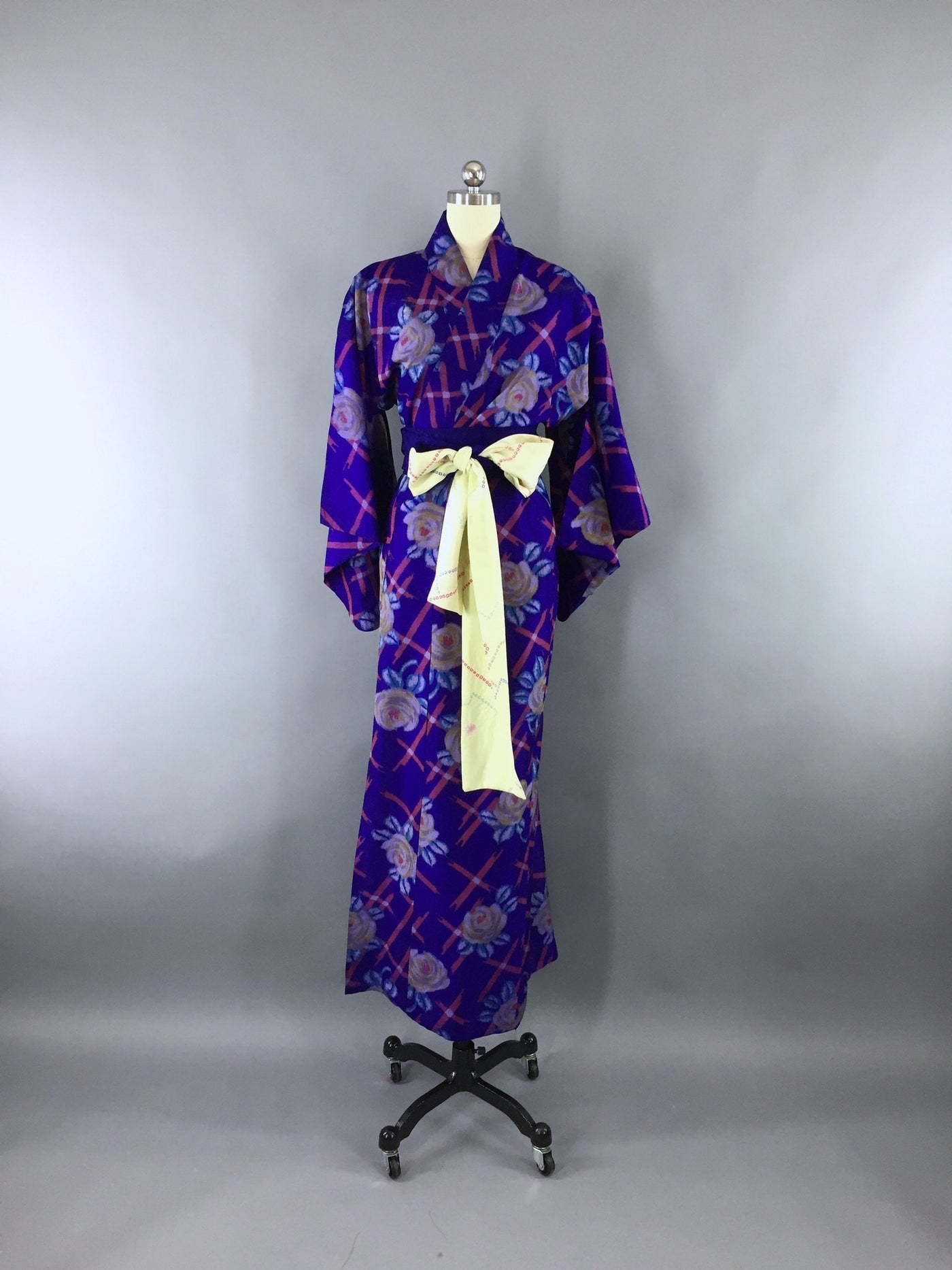 1930s Vintage Silk Kimono Robe with Purple Rose Meisen Ikat Pattern - ThisBlueBird