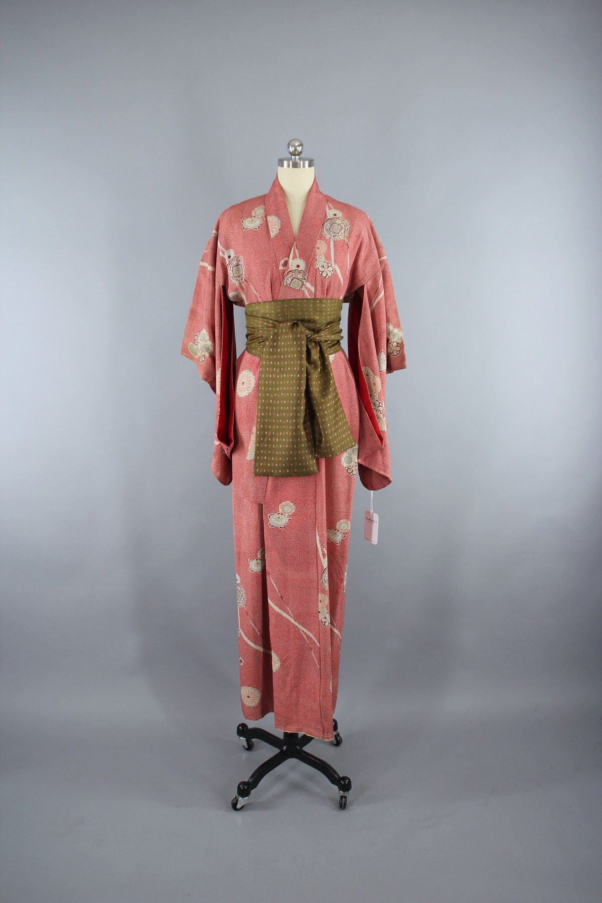 1930s Vintage Silk Kimono Robe with Red Polka Dots & Floral Print ...
