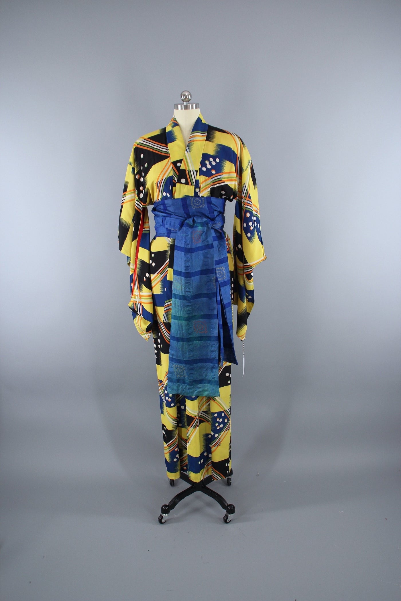 1930s Vintage Silk Kimono Robe / Yellow & Blue Abstract Moderne - ThisBlueBird