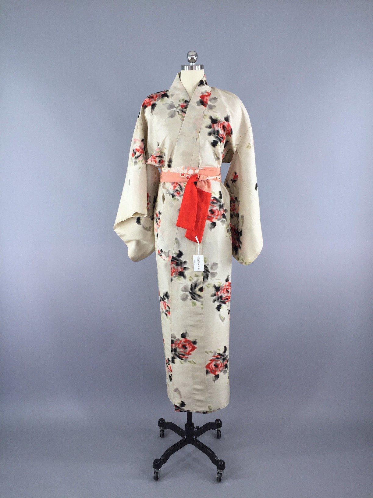 1930s Vintage Silk Kimono Robe / Rose Floral Print IKAT - ThisBlueBird