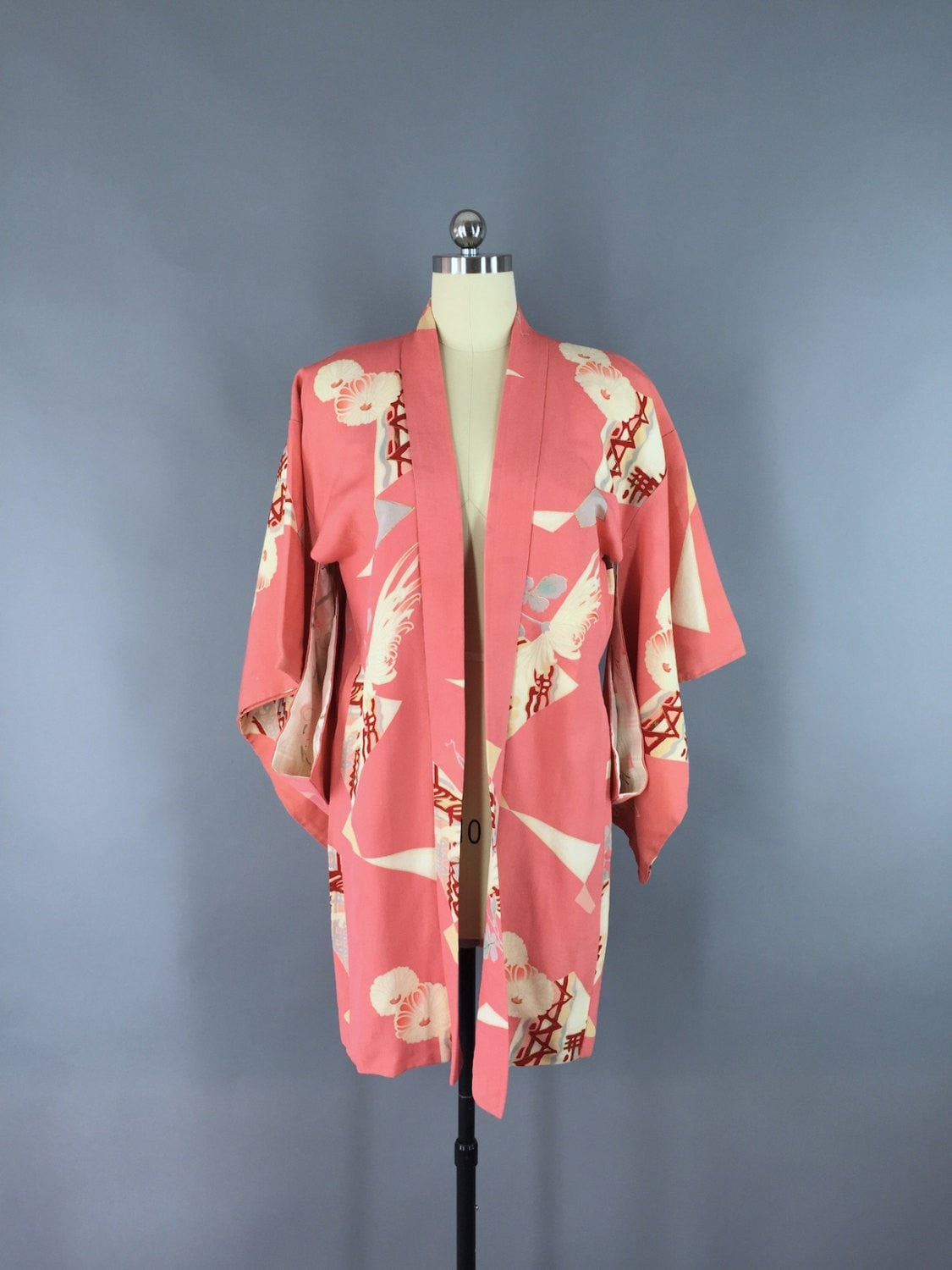 1940s Silk Haori Kimono Cardigan Jacket / Coral Pink Floral - ThisBlueBird
