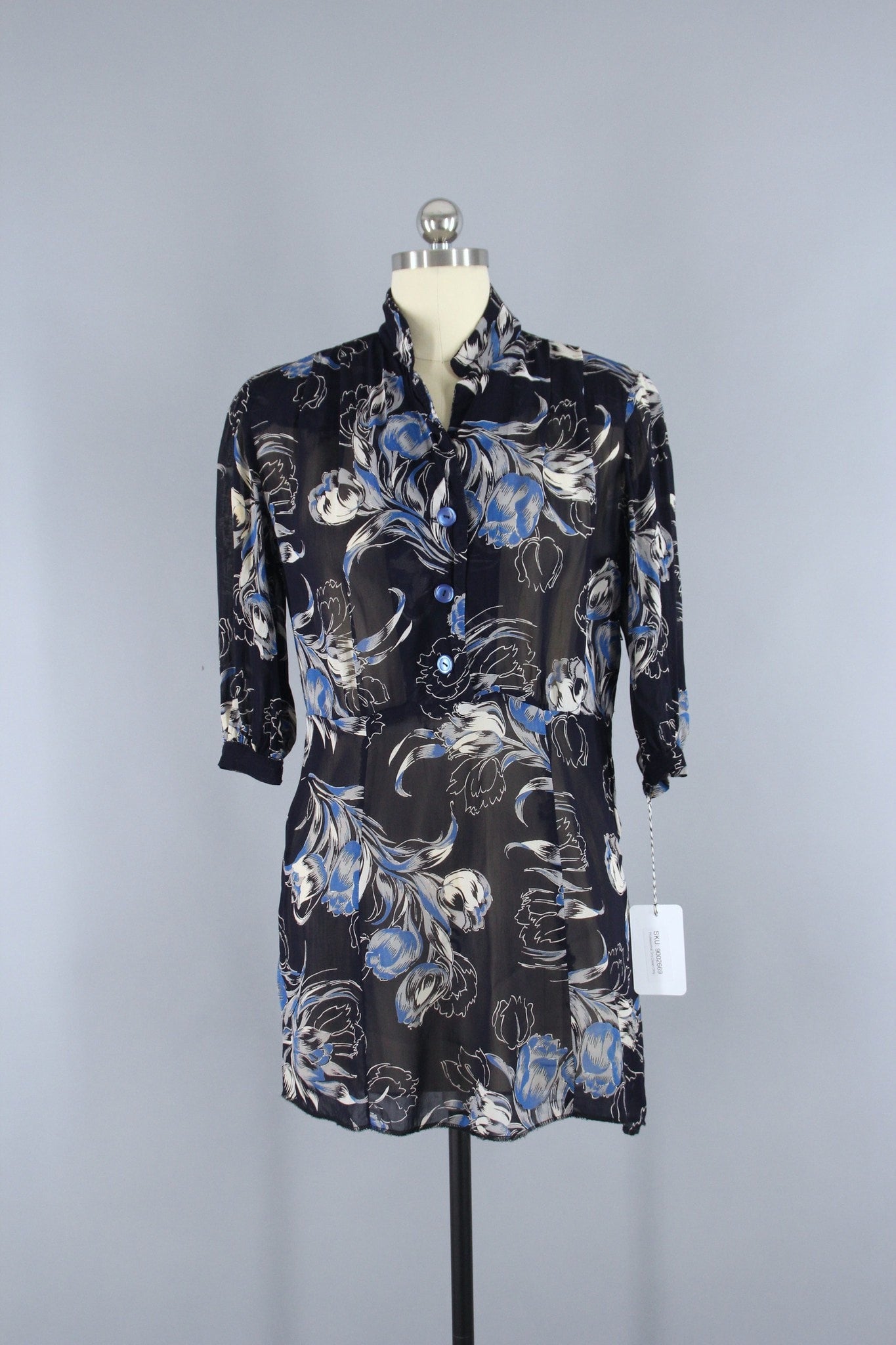 1940s Vintage Blue Floral Print Silk Chiffon Tunic Blouse – ThisBlueBird