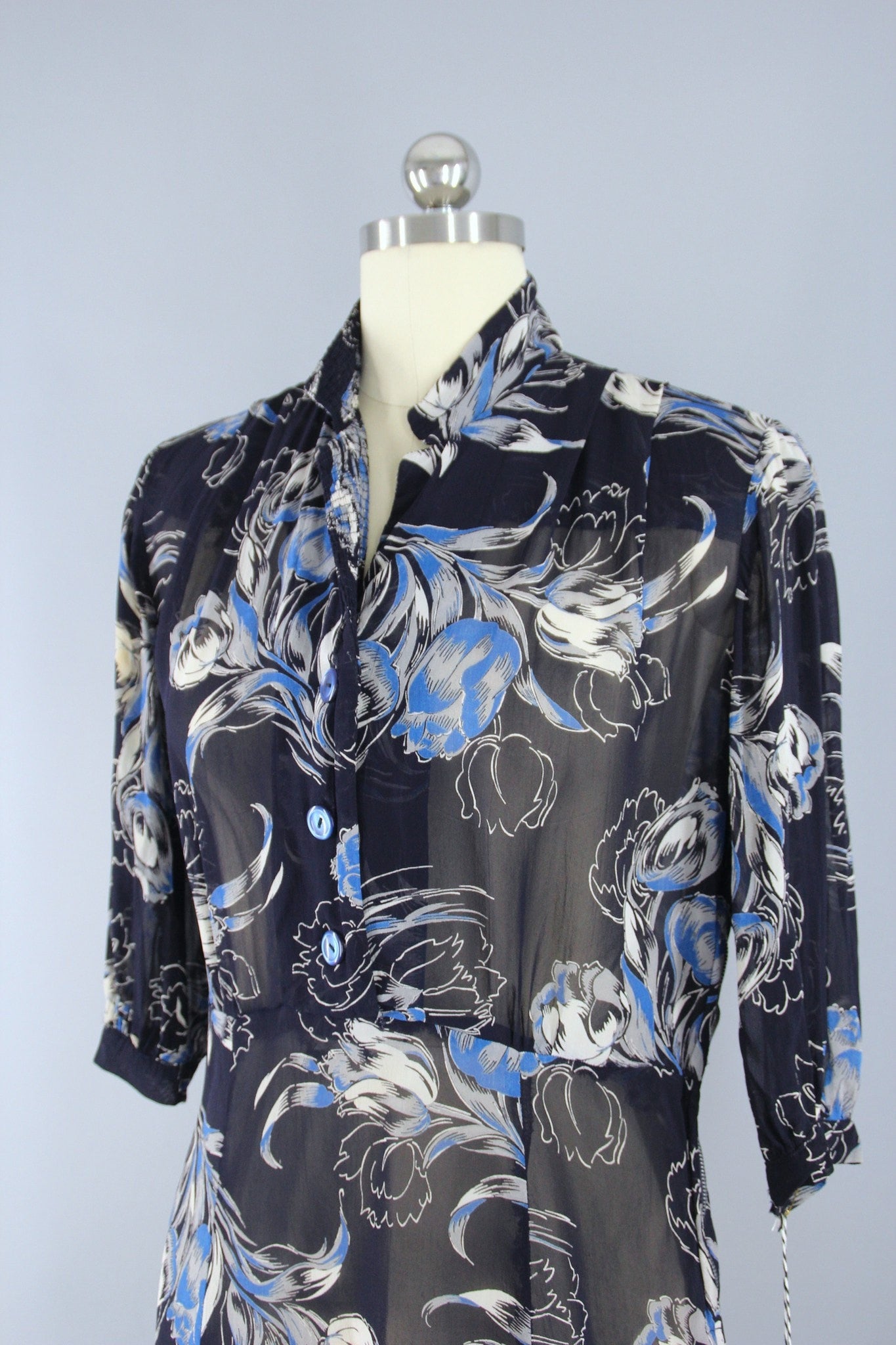 1940s Vintage Blue Floral Print Silk Chiffon Tunic Blouse - ThisBlueBird