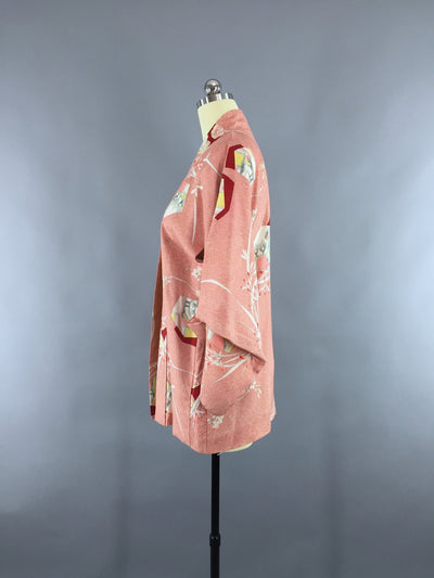 1940s Vintage Cotton Haori Kimono Cardigan Jacket with Peach Abstract Print - ThisBlueBird