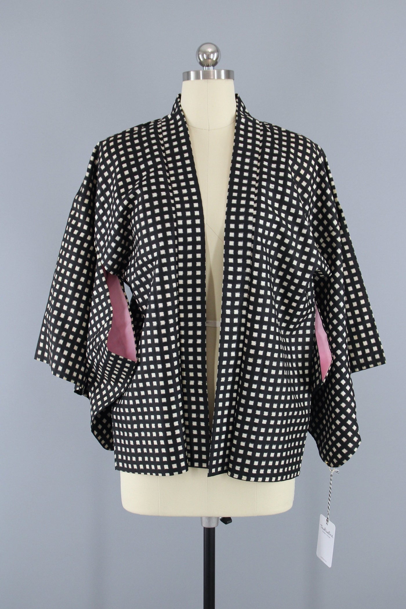 1940s Vintage Haori Kimono Jacket in Black & White Checkered Gingham - ThisBlueBird